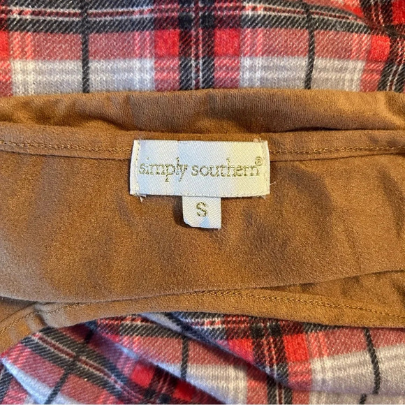 Simply Southern Women’s Sm Red Plaid Flannel Dress Faux Suede With Elbow Patches - Picture 4 of 10